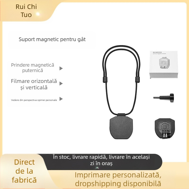 Suport magnetic pentru gât pentru camere sportive – ABS+magnet, compatibil universal; compatibil cu GoPro și DJI Action; pachetul conține 2 suporturi, 1 șurub, 1 funie lungă; posibilitate imprimare logo