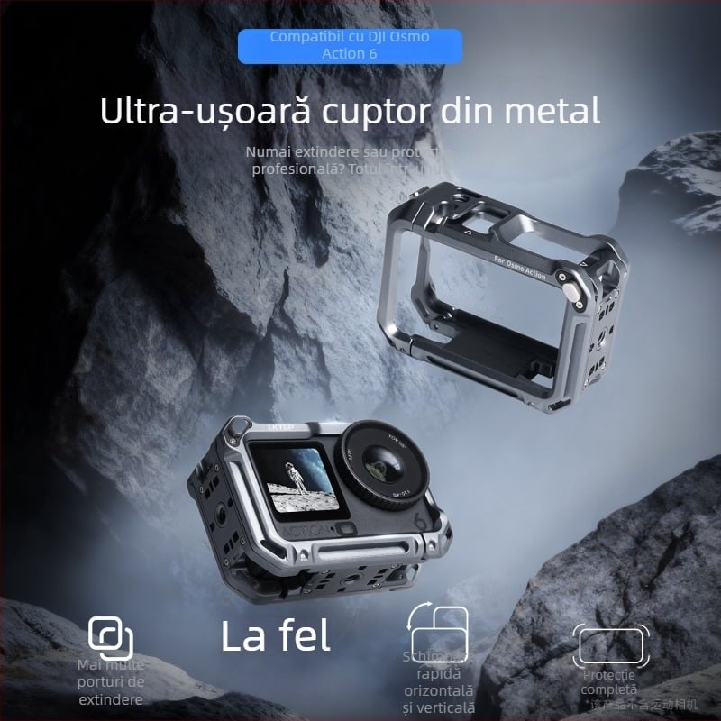 Ramă de protecție din aliaj de aluminiu pentru Osmo Action 6, design cușcă de iepure cu deschidere dublă, model AC-001, include: o cușcă de iepure