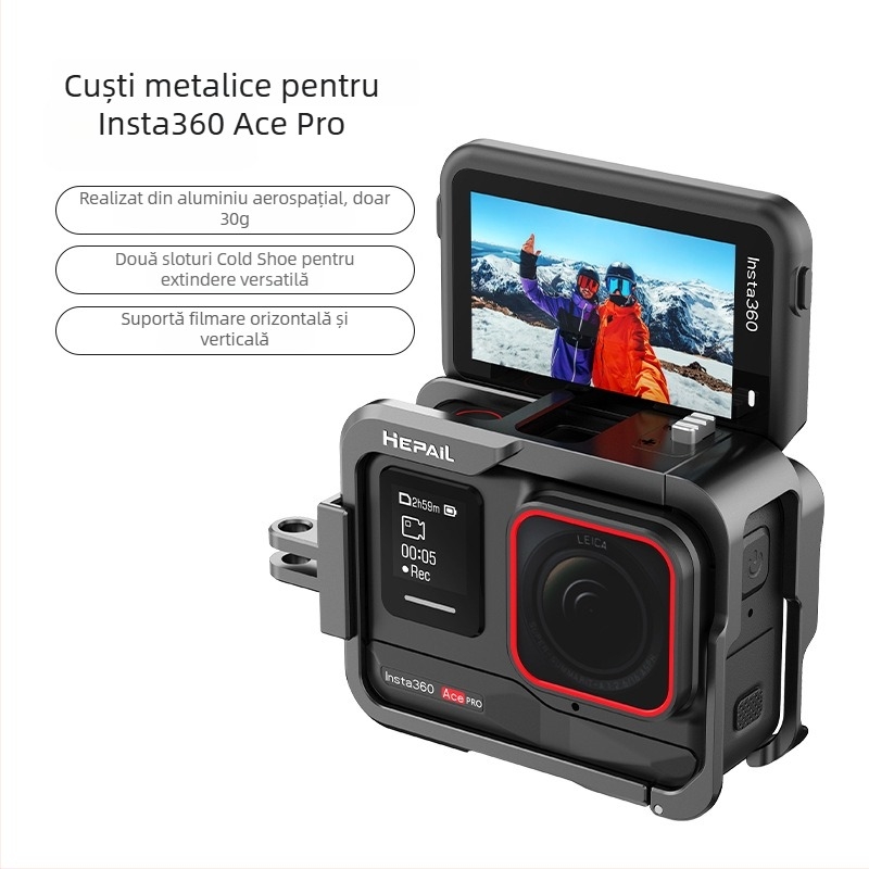 HepAil AC-25 Ramă de protecție din aluminiu pentru Insta360 Ace/Ace Pro — Suport pentru fotografiere orizontală și verticală