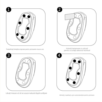 Tălpi pentru mouse - model 12233; pentru mouse-uri; material: altul; caracteristici: transfer fără urme de adeziv, funcționare lină, sloturi precise, execuție rafinată; mostre personalizate disponibile