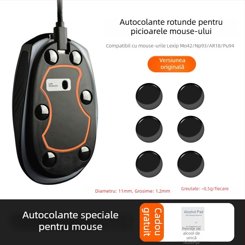 Tălpi pentru mouse - model 12233; pentru mouse-uri; material: altul; caracteristici: transfer fără urme de adeziv, funcționare lină, sloturi precise, execuție rafinată; mostre personalizate disponibile