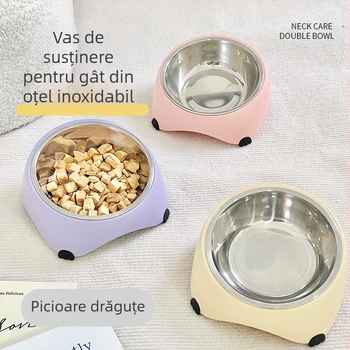 Vas de hrănire pentru pisici și câini cu margine înclinată și covoraș antialunecare; materiale PP, TPR și oțel inoxidabil