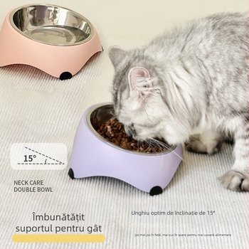 Vas de hrănire pentru pisici și câini cu margine înclinată și covoraș antialunecare; materiale PP, TPR și oțel inoxidabil