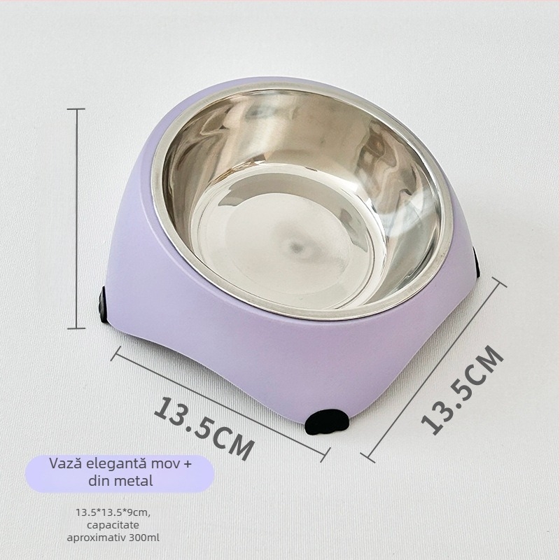 Vas de hrănire pentru pisici și câini cu margine înclinată și covoraș antialunecare; materiale PP, TPR și oțel inoxidabil