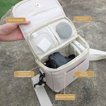 Geantă pentru cameră cu curea crossbody, material PU, stil geantă de mână, compatibilă cu Canon R50, Sony ZV-E10 și Fujifilm mirrorless, lansare primăvara 2025, pentru depozitare acasă.