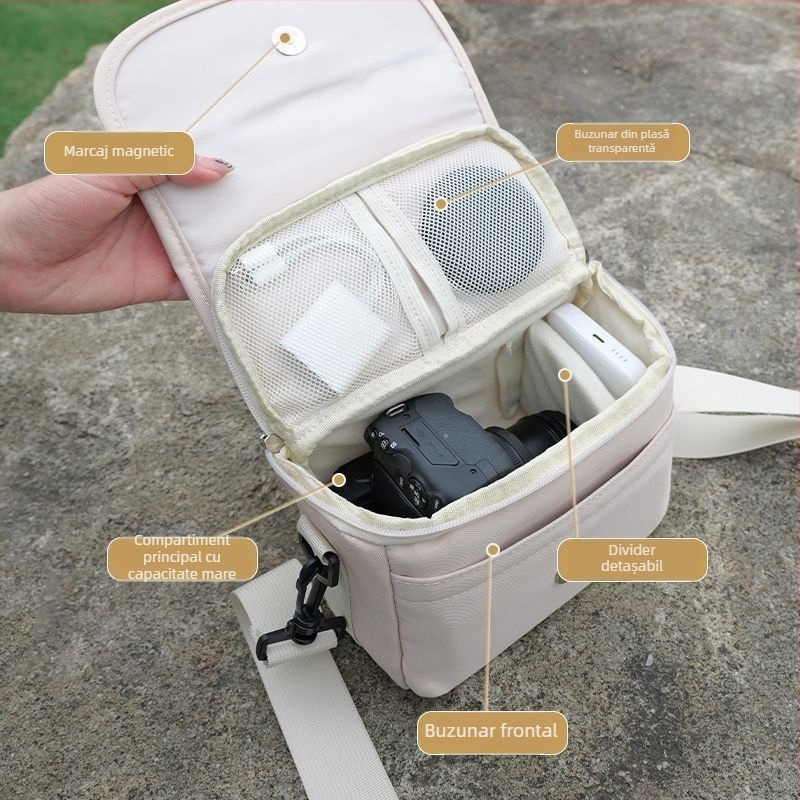 Geantă pentru cameră cu curea crossbody, material PU, stil geantă de mână, compatibilă cu Canon R50, Sony ZV-E10 și Fujifilm mirrorless, lansare primăvara 2025, pentru depozitare acasă.