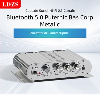 Amplificator de putere audio pentru mașină 2.1 canale cu Bluetooth ST-838 – 12V, 80Wx2+80W, 4–16 Ω, carcasă din aliaj de aluminiu