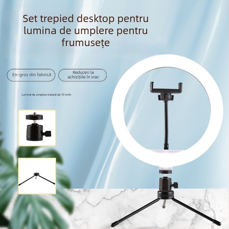 Kit de iluminat desktop de 10 inch cu trepied pentru machiaj, streaming live și selfie – lampă inel pentru fotografiere și înregistrări video
