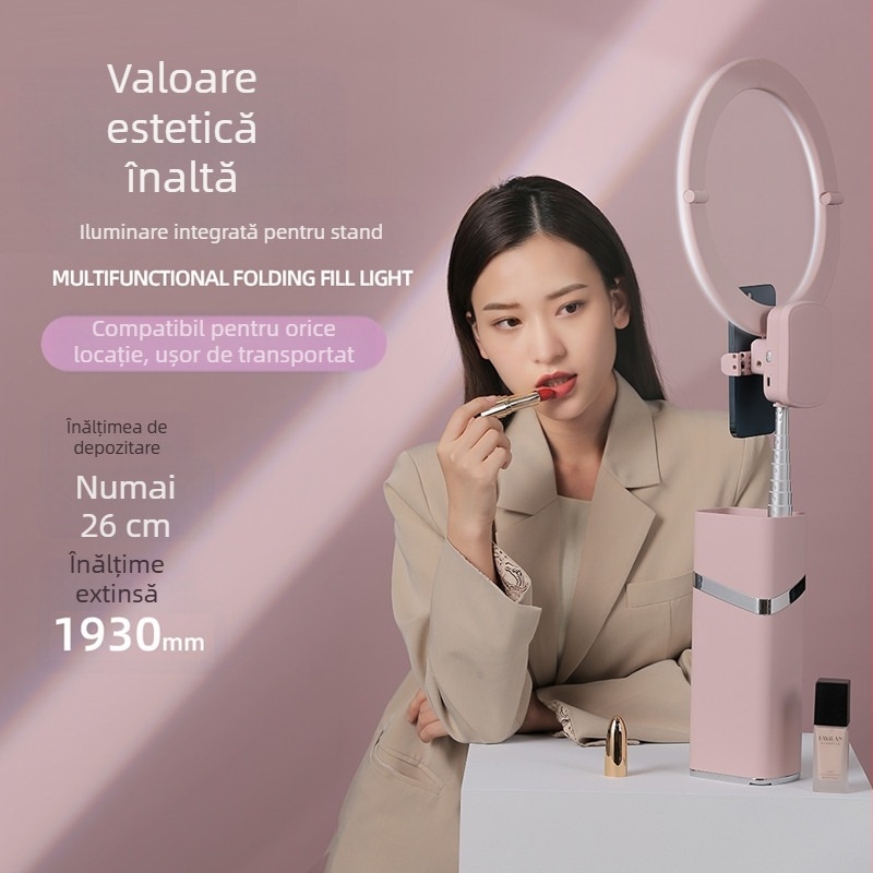 Iluminator pentru live YY-1, lampă inel cu LED 10W, pliabilă, înălțime 1930 mm, bază 270×100×75 mm, pentru live, selfie, interior/exterior