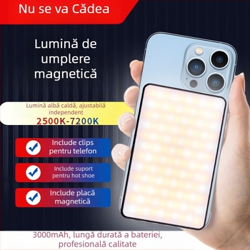 Lumină de umplere mini cu suport magnetic, iluminare portabilă pentru fotografie și live streaming, Model M120, 5W, 3.7V baterie încorporată