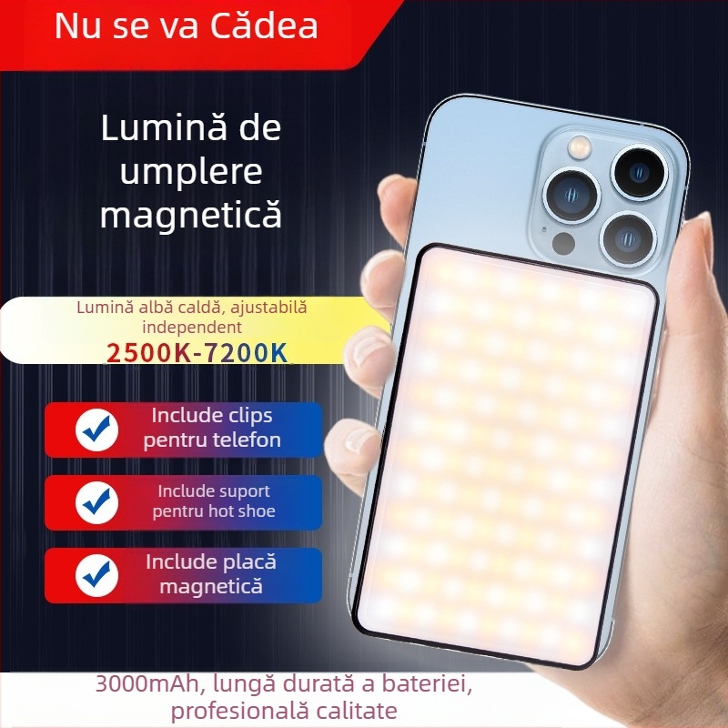 Lumină de umplere mini cu suport magnetic, iluminare portabilă pentru fotografie și live streaming, Model M120, 5W, 3.7V baterie încorporată