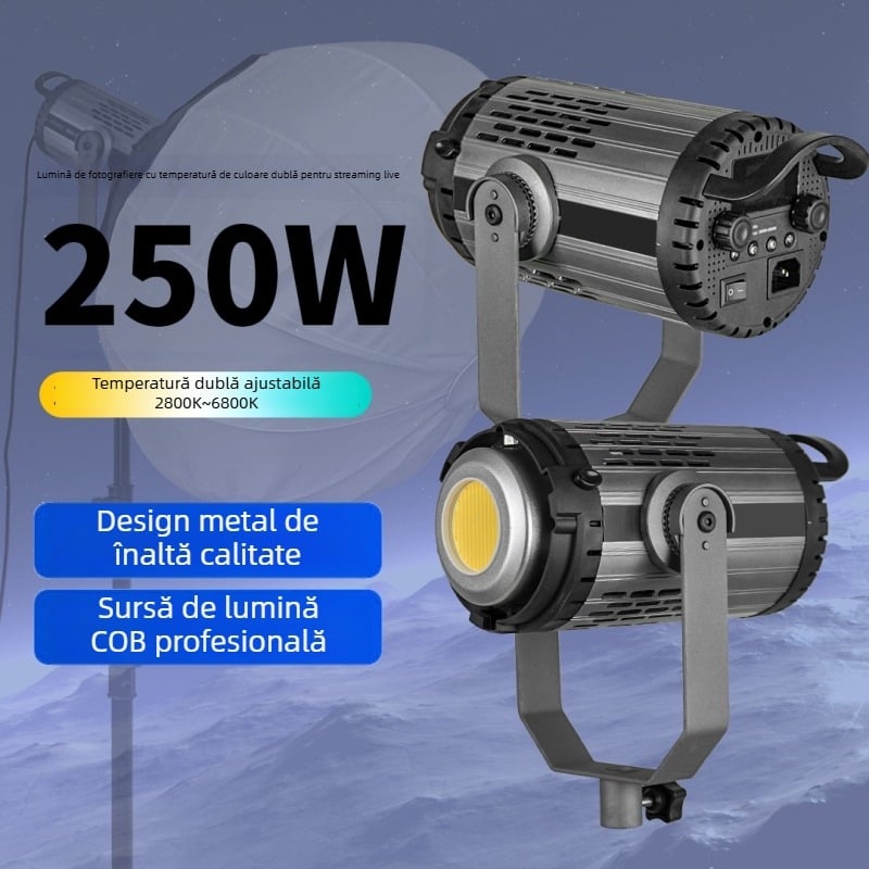 Lumină de completare LED COB metalică pentru fotografie, 250W, 220V, reglabilă intensitatea luminoasă, reglabilă temperatura de culoare, sursă de alimentare independentă
