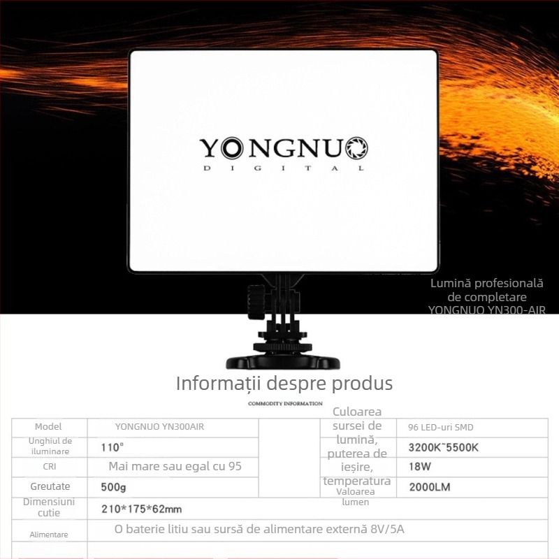 YONGNUO YN300Air Lumină LED portabilă pentru fotografie, 5600K, 18W, reglabilă, cap E14