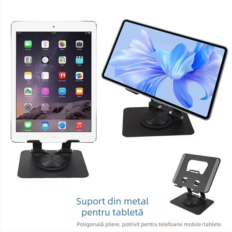 Suport metalic pentru tabletă, rotire 360°, înălțime reglabilă, portabil și pliabil