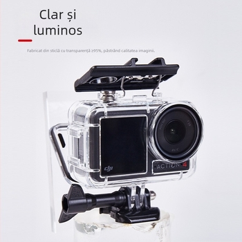 Carcasă impermeabilă universală pentru DJI Action 5 Pro / 4 / 3 | Materiale: acrilic + sticlă temperată + oțel inoxidabil 316 | Greutate: 90 g | Conținut ambalaj: carcasă impermeabilă, șuruburi lungi, bază | Logo personalizabil