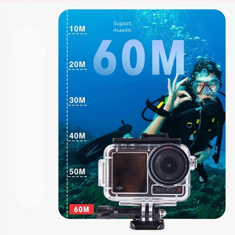 Carcasă impermeabilă universală pentru DJI Action 5 Pro / 4 / 3 | Materiale: acrilic + sticlă temperată + oțel inoxidabil 316 | Greutate: 90 g | Conținut ambalaj: carcasă impermeabilă, șuruburi lungi, bază | Logo personalizabil