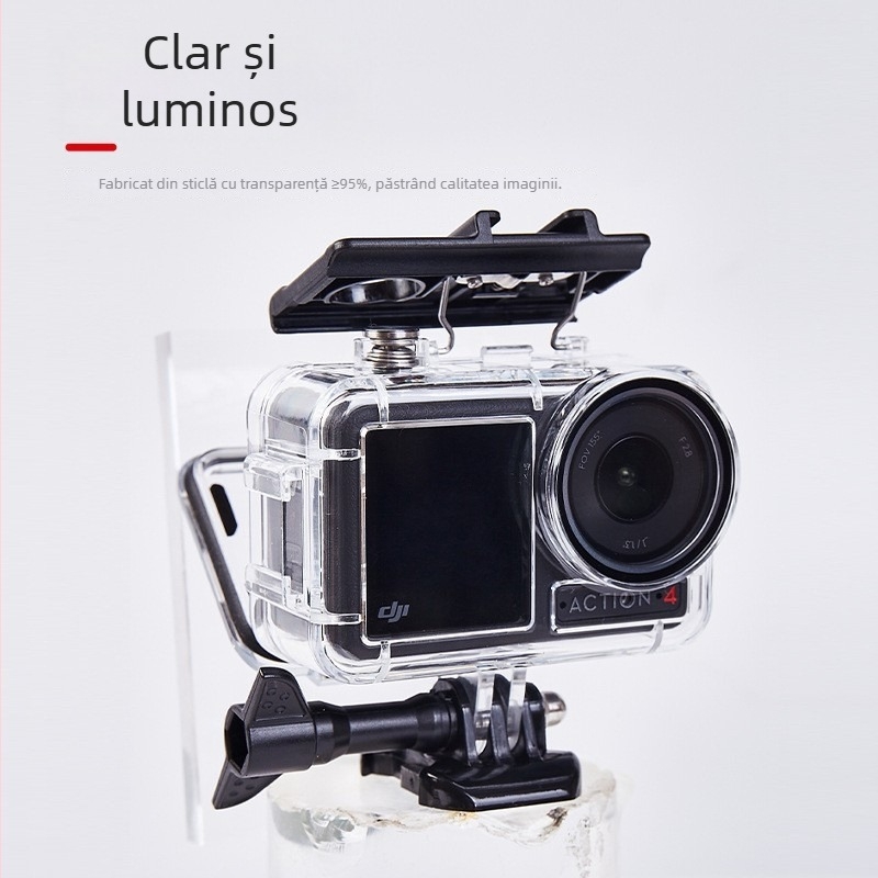 Carcasă impermeabilă universală pentru DJI Action 5 Pro / 4 / 3 | Materiale: acrilic + sticlă temperată + oțel inoxidabil 316 | Greutate: 90 g | Conținut ambalaj: carcasă impermeabilă, șuruburi lungi, bază | Logo personalizabil