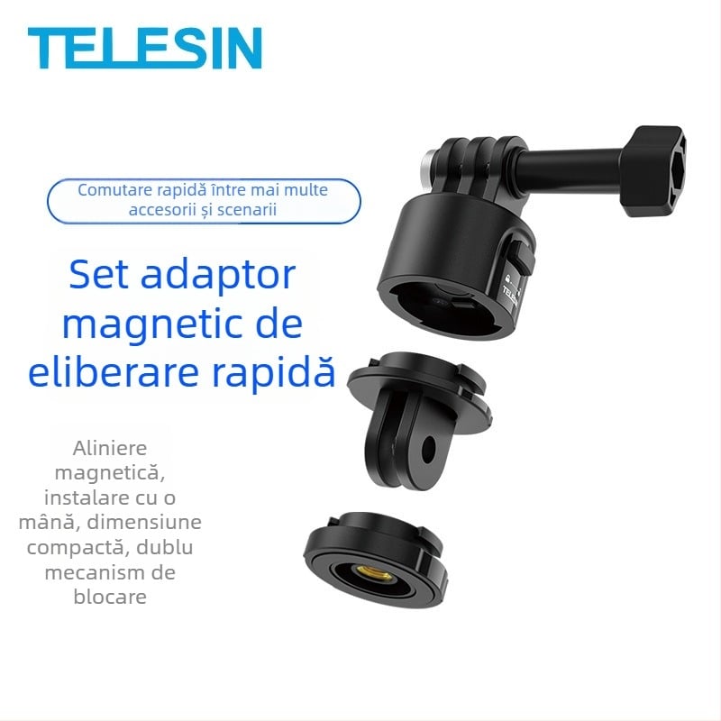 Set adaptor magnetic de eliberare rapidă pentru selfie stick, extindere — Compatibil cu camere sportive universale (TELESIN, model CQM-001, din plastic)