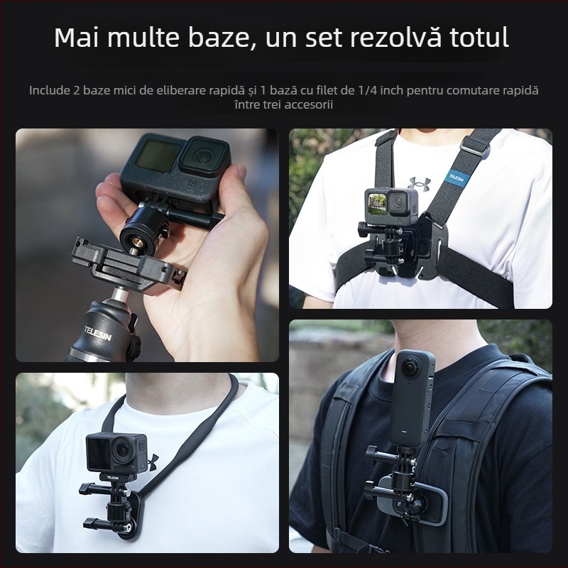 Set adaptor magnetic de eliberare rapidă pentru selfie stick, extindere — Compatibil cu camere sportive universale (TELESIN, model CQM-001, din plastic)
