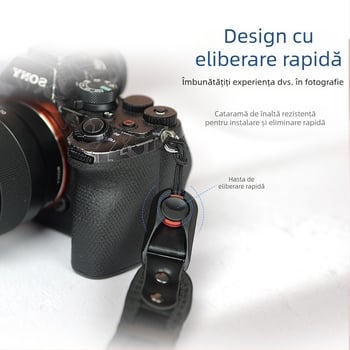 Lanyard de încheietură pentru cameră cu material de scufundare îngroșat, cataramă de eliberare rapidă și piele microfibră rezistentă; Model 20250526; sarcină maximă 50 kg; compatibil cu camere DSLR și mirrorless