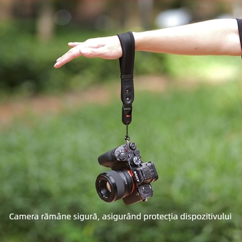 Lanyard de încheietură pentru cameră cu material de scufundare îngroșat, cataramă de eliberare rapidă și piele microfibră rezistentă; Model 20250526; sarcină maximă 50 kg; compatibil cu camere DSLR și mirrorless