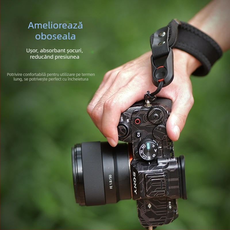 Lanyard de încheietură pentru cameră cu material de scufundare îngroșat, cataramă de eliberare rapidă și piele microfibră rezistentă; Model 20250526; sarcină maximă 50 kg; compatibil cu camere DSLR și mirrorless
