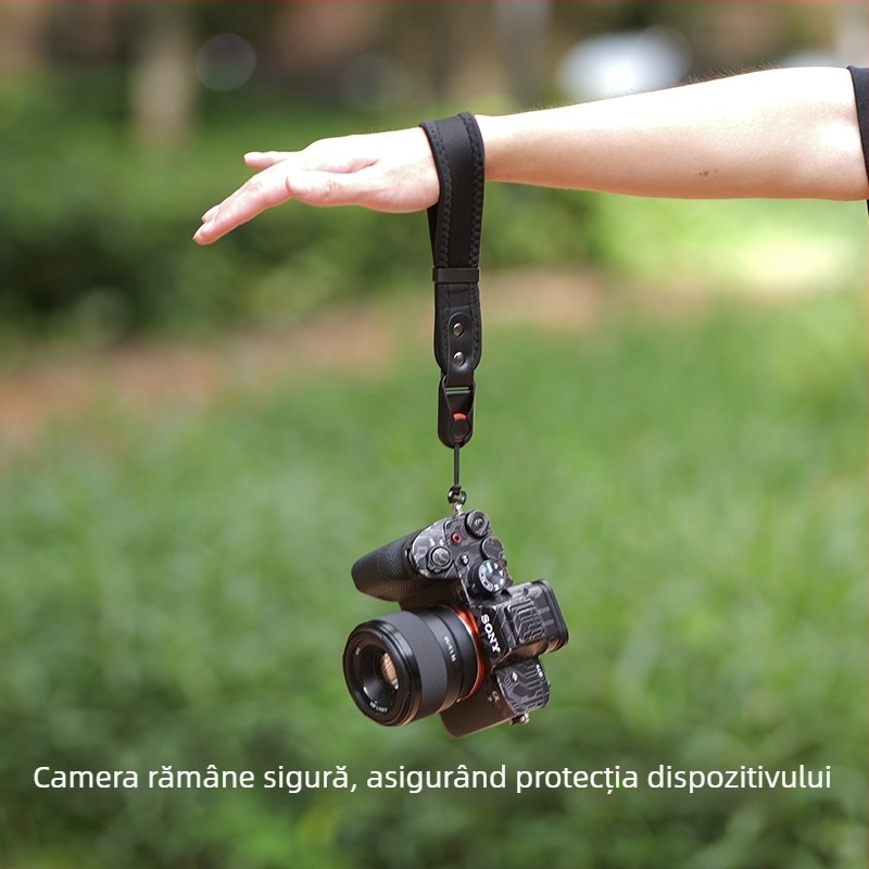 Lanyard de încheietură pentru cameră cu material de scufundare îngroșat, cataramă de eliberare rapidă și piele microfibră rezistentă; Model 20250526; sarcină maximă 50 kg; compatibil cu camere DSLR și mirrorless