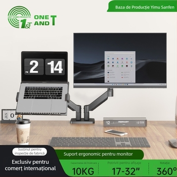 Stativ pentru calculator pentru configurări cu mai multe display-uri, cu răcire pentru notebook și economie de spațiu, model M252DA-J; material: oțel laminat la rece; compatibil cu monitoare de 17–32 in și laptopuri de 11–17 in; greutate: 5,6 kg