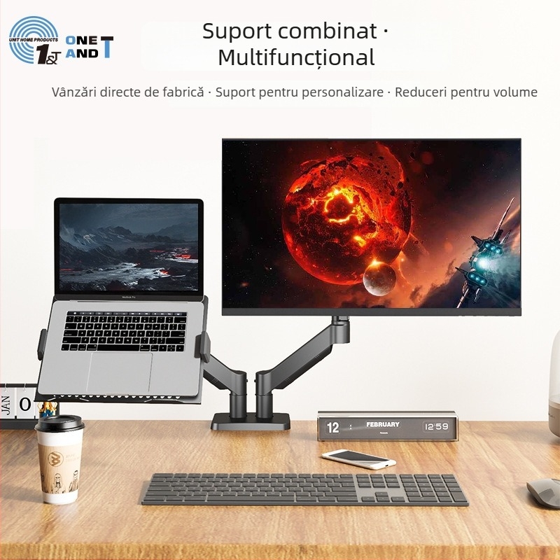 Stativ pentru calculator pentru configurări cu mai multe display-uri, cu răcire pentru notebook și economie de spațiu, model M252DA-J; material: oțel laminat la rece; compatibil cu monitoare de 17–32 in și laptopuri de 11–17 in; greutate: 5,6 kg