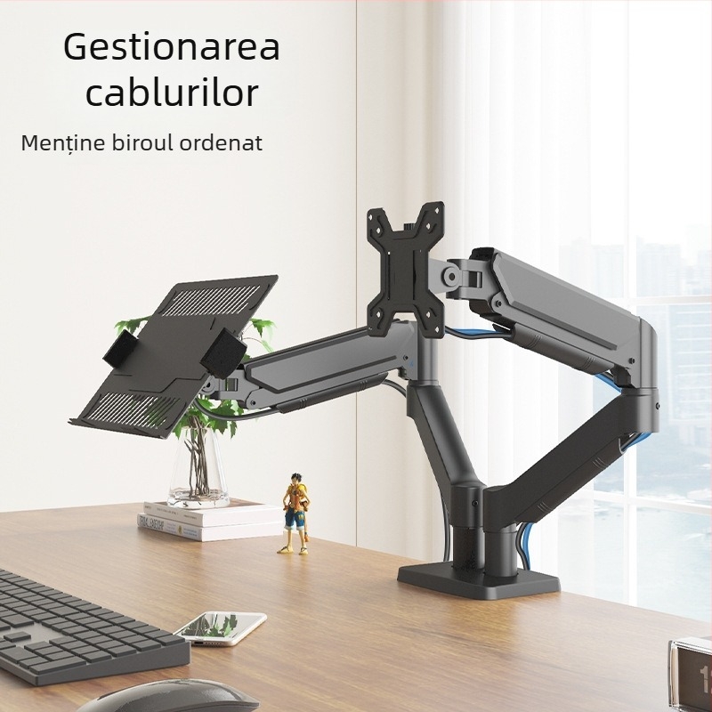 Stativ pentru calculator pentru configurări cu mai multe display-uri, cu răcire pentru notebook și economie de spațiu, model M252DA-J; material: oțel laminat la rece; compatibil cu monitoare de 17–32 in și laptopuri de 11–17 in; greutate: 5,6 kg