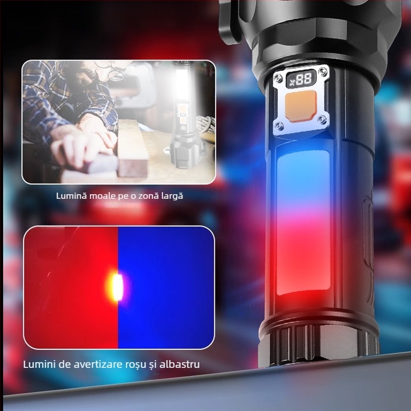 Cioc de siguranță multifuncțional cu LED – Corp din aliaj de aluminiu, LED reîncărcabil, Zoom optic, Protecție la supraîncărcare