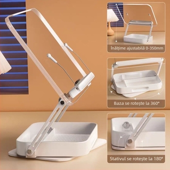 Suport din acril pentru tabletă cu cutie de depozitare, reglaj la 360°, model R22h, lungime cablu 340 mm, greutate 1,413 kg