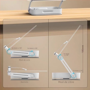 Suport din acril pentru tabletă cu cutie de depozitare, reglaj la 360°, model R22h, lungime cablu 340 mm, greutate 1,413 kg