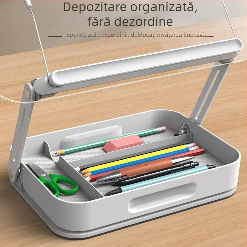 Suport din acril pentru tabletă cu cutie de depozitare, reglaj la 360°, model R22h, lungime cablu 340 mm, greutate 1,413 kg