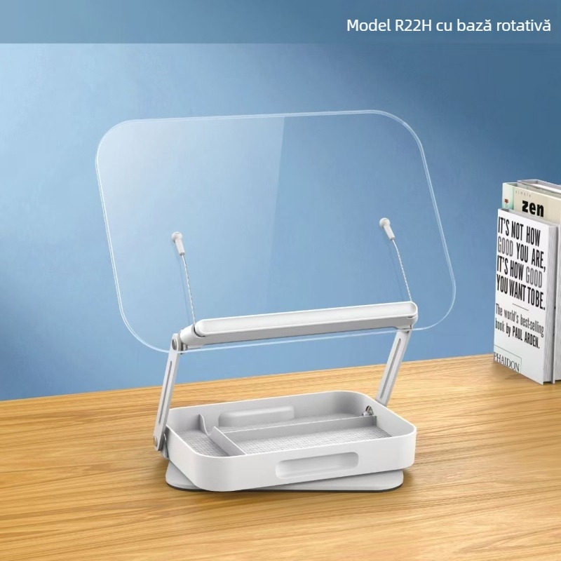 Suport din acril pentru tabletă cu cutie de depozitare, reglaj la 360°, model R22h, lungime cablu 340 mm, greutate 1,413 kg