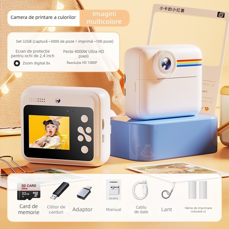 Cameră digitală pentru copii cu obiectiv dublu și imprimantă color, înregistrare video 1080P, ecran LCD de 2,4 inch, slot pentru card de memorie, baterie 1200mAh