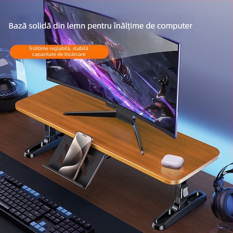 Suport din lemn masiv pentru monitor, cu mecanism de ridicare, pliabil, cu suport pentru telefon, model 05821, utilizare generală