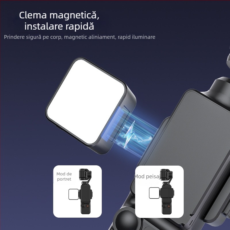 PM01 Lumină de completare pentru DJI Pocket3, compatibil Pocket3; Model PM01; Material: ABS+PC+gel de silice+metal; Include cablu de date, lumină, clip, manual de utilizare
