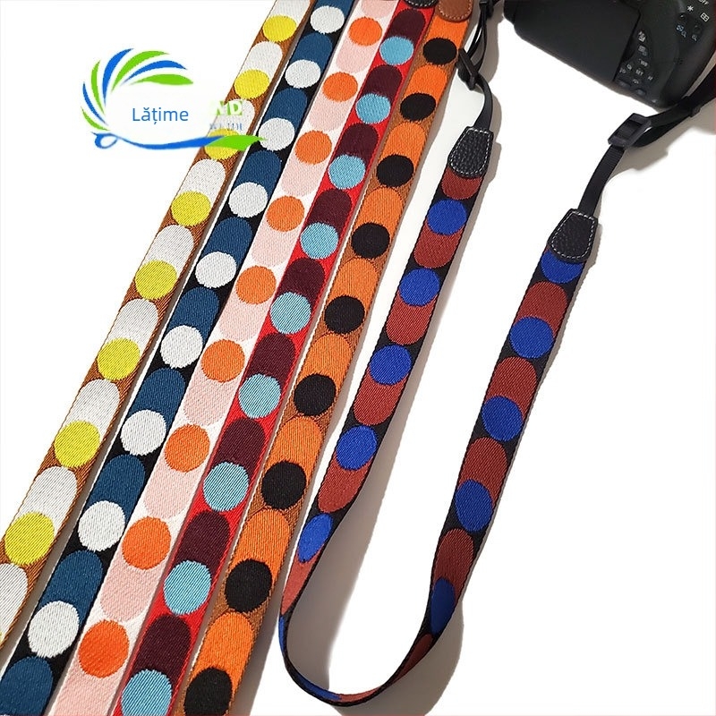 Curea de cameră din pânză cu model cu buline, curea reglabilă crossbody cu eliberare rapidă, poliester, model 750d, 6 clipsuri, încărcătură maximă 10–20 kg, compatibil Canon/Nikon/Sony/Mirrorless