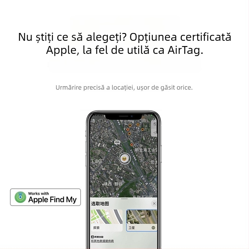 Trackere anti-pierdere în stil Airtag pentru seniori, copii, autovehicule și animale de companie; model AK28; compatibil iOS, certificat MFI; baterie 240mAh; greutate 7 g; navigare globală pe hartă