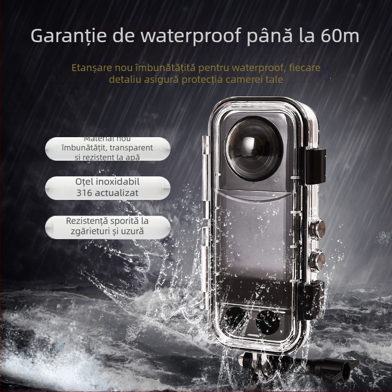 Carcasă impermeabilă Insta360 X4 cu lentilă din sticlă 360° – accesorii, Model A-ISX4-WC-GL, Materiale: PC + sticlă temperată + oțel inoxidabil 316