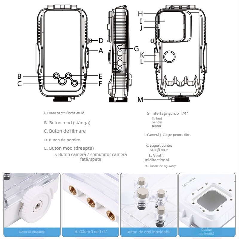 Carcasă impermeabilă de scufundare pentru iPhone 12–15 — ABS+PC, adâncime 40 m, model PU9116/PU9115
