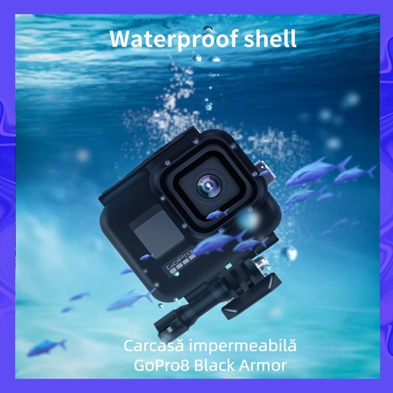 GoPro Hero8 Carcasă Protectie Impermeabilă – Materiale: PC, oțel inoxidabil 316, sticlă călită; Compatibilitate: GoPro Hero8; Caracteristici: protecție împotriva apei la adâncime, protecția carcasei, absorbția șocurilor și rezistența la căderi; Include baz
