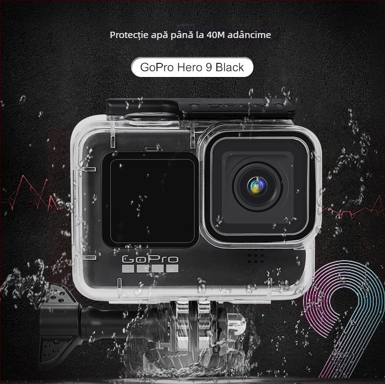 Carcasă impermeabilă de scufundare pentru GoPro Hero 9–13, cu acces prin buton; Material: PC + sticlă securizată; Model: A-GP9-WC-R; Logo imprimabil