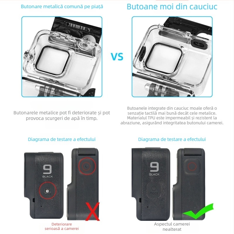 Carcasă impermeabilă de scufundare pentru GoPro Hero 9–13, cu acces prin buton; Material: PC + sticlă securizată; Model: A-GP9-WC-R; Logo imprimabil