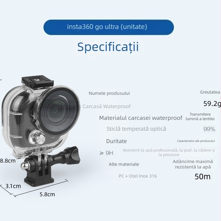 Carcasă de scufundare pentru Insta360 Go Ultra, cameră autonomă – PC + sticlă călită, procesare OEM