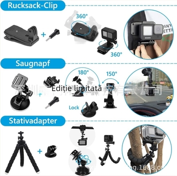 Set de accesorii GoPro 54 în 1 pentru Hero 9/10/11/12 – construcție metal + plastic, husă impermeabilă, curea pentru cap, curea pentru piept, filtr, absorbție a șocurilor