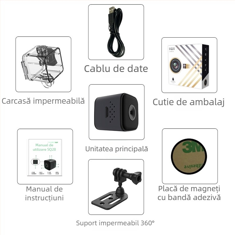 SQ28 cameră pentru exterior — videoclipuri și fotografii, baterie de 100 de minute, stocare TF-card, carcasă din plastic