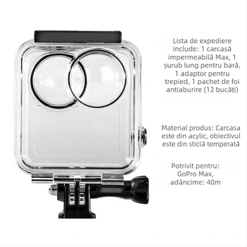 GoPro MAX Carcasă impermeabilă pentru cameră – adâncime 40 m, lentilă din sticlă securizată, construcție din oțel inoxidabil și sticlă optică PC, turnare prin injecție
