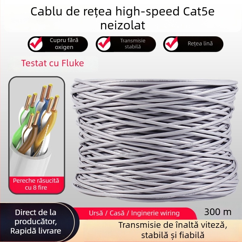 Cablu de rețea Cat5e interior, Fluke-testat, cu cupru fără oxigen, 8 perechi înfășurate, 300 m